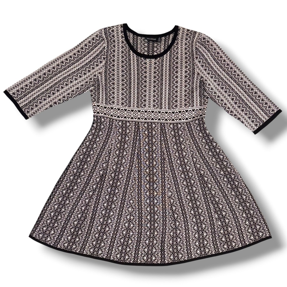 Nina Leonard Sweater Dress Women XL Black White Geometric Knit 3/4 Sleeve Flare